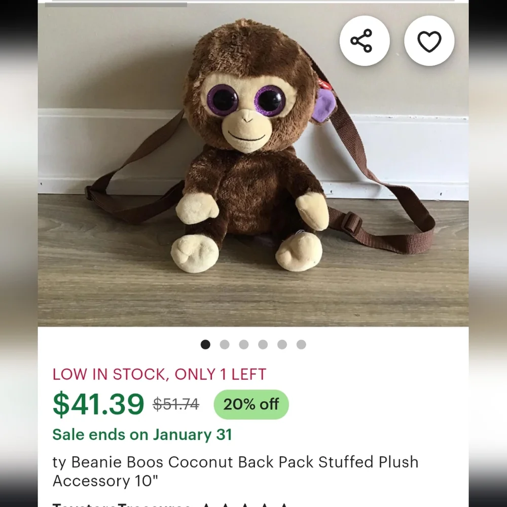 Ty Beanie boos coconut the monkey plush backpa